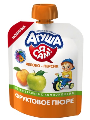 Агуша  пюре  Яблоко-персик с  8 месяцев в упаковке дой-пак. 90гр.