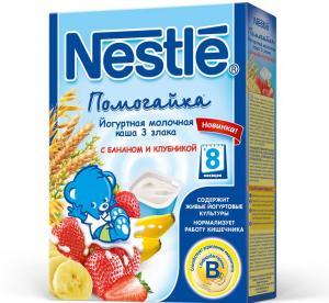 Нестле (Nestle) Каша "Помогайка" йогуртная  3 злака с бананом и клубникой (с 8 мес.) мол.