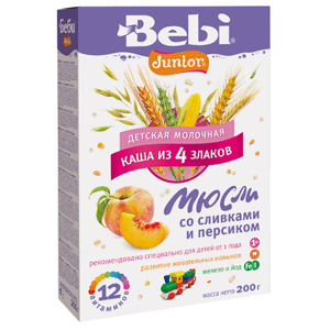 Беби Юниор ( Bebi Junior) -  мюсли со сливками и персиком  из 4 злаков с 12 мес. 200 гр мол.